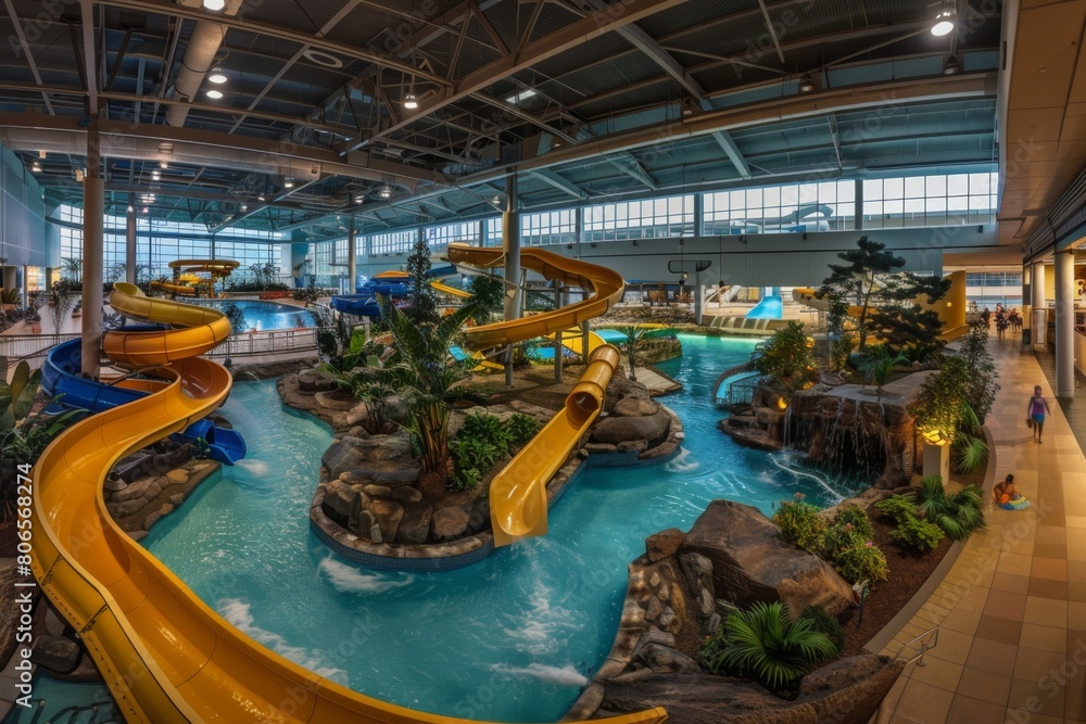 A panoramic view of an indoor water park