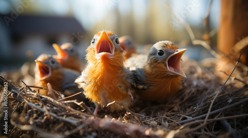 Nest full of baby birds with mouths open begging for food photo