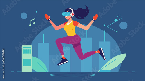 A woman jumps and squats in a virtual reality dance class feeling the rhythm and beat of the music as she works up a sweat and burns calories.. Vector illustration