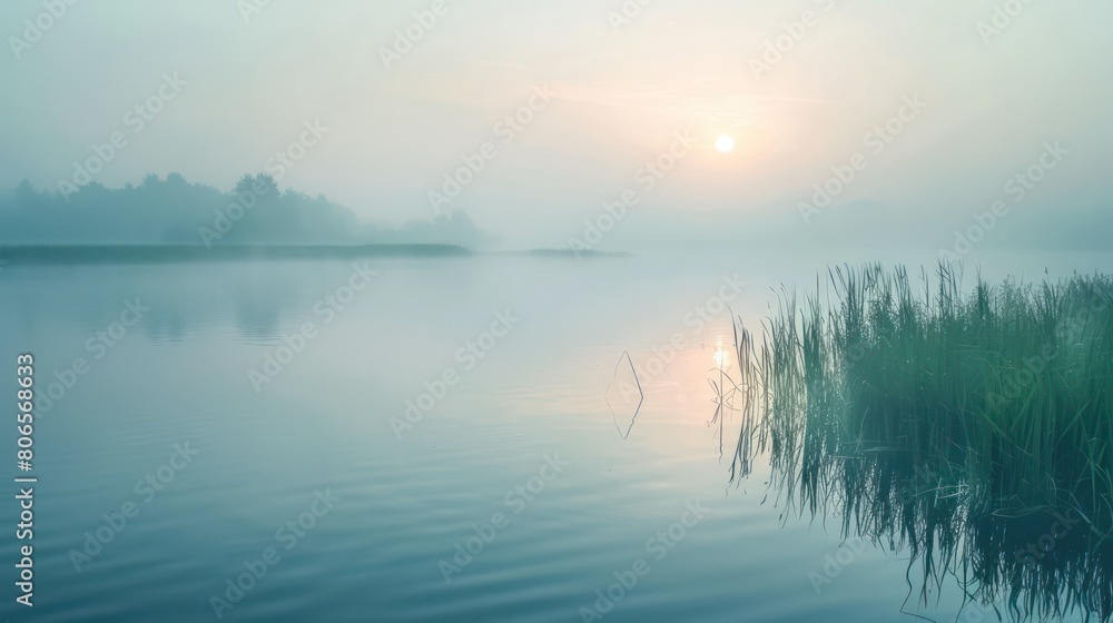 Fototapeta premium Foggy morning on the lake landscape