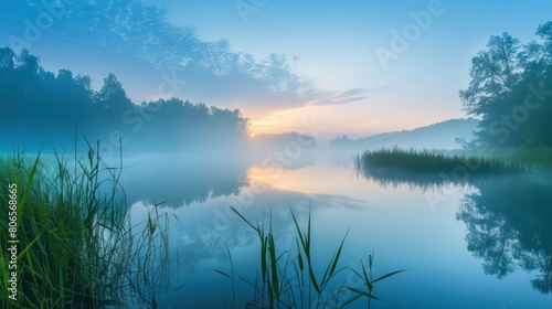 Foggy morning on the lake. Landscape with mist