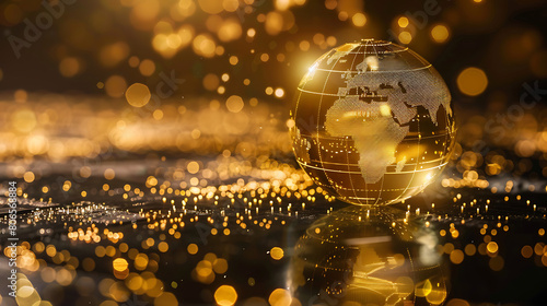 Golden globe with continents outlined in blockchain code, representing the global reach and impact of blockchain technology on the future of gold. Generative AI illustration 