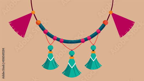 A plain necklace is revamped into a long bohemianinspired dd necklace complete with tassels and bold colors.. Vector illustration