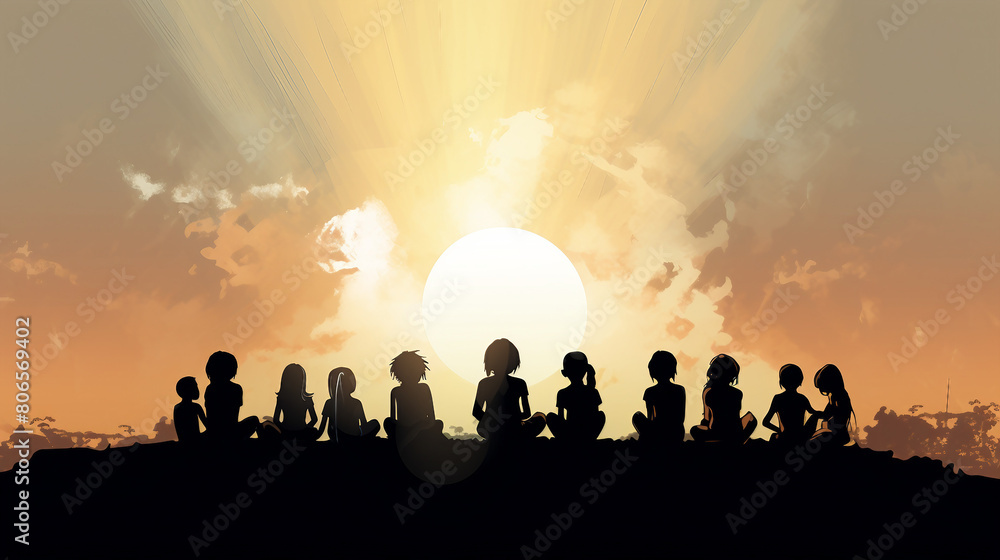 Large Group of Children Silhouettes Enjoying Playtime Together in Outdoor Park - Diverse Kids Having Fun and Bonding in Community Activities Under the Evening Sky