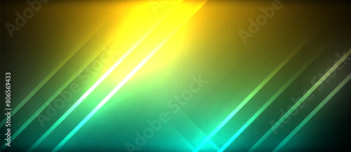 Electric blue, magenta, and neon green neon lights create striking visual effects on a dark background resembling the colors of water and sky, like a futuristic art installation at an event