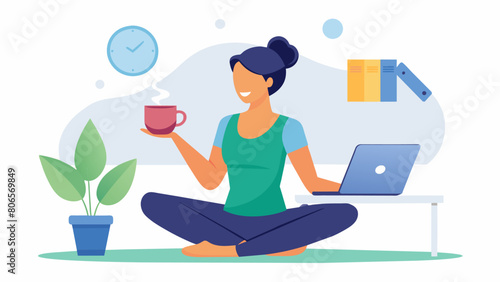 With a cup of tea in hand a blogger leads viewers through a calming Pilates workout that can be done at home to destress after a long day.. Vector illustration