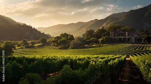 Panoramic view of a vineyard in the late afternoon sun