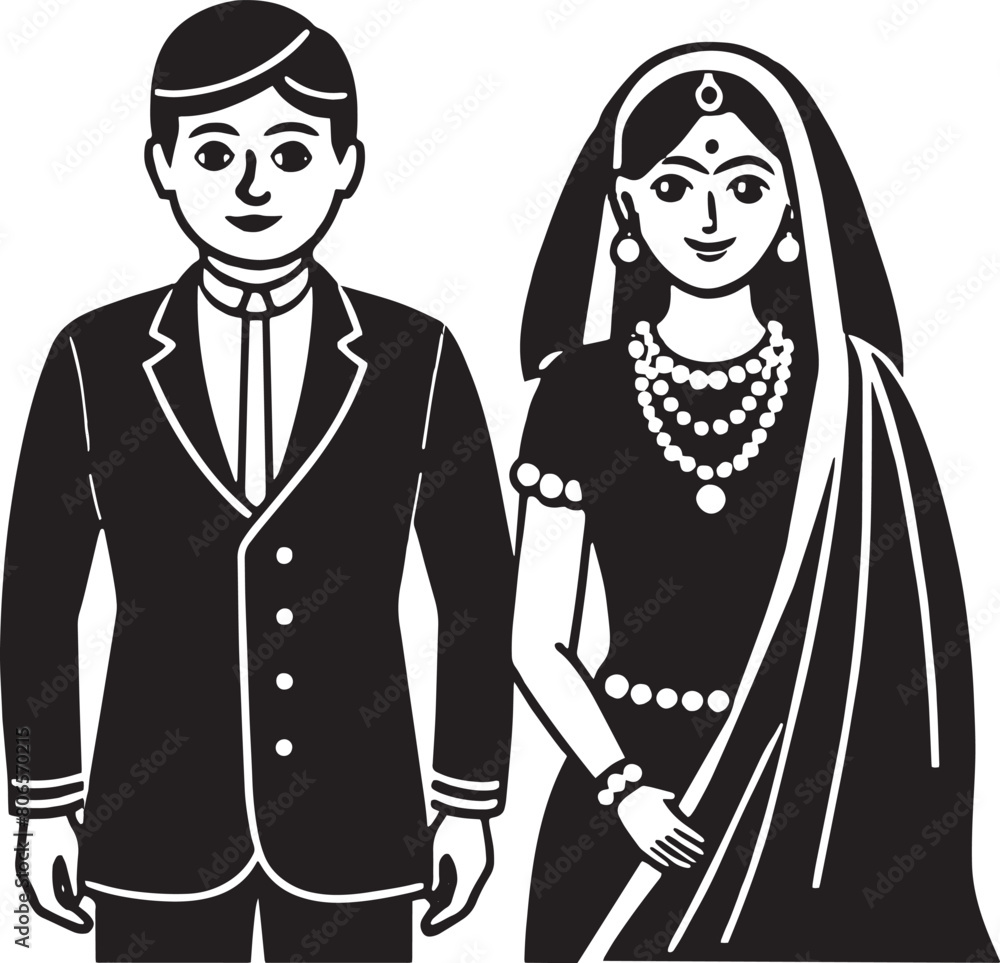 Indian bride and groom in traditional wedding clothes. Black and white vector illustration. Indian bride and groom in traditional wedding clothes. Black and white vector illustration.