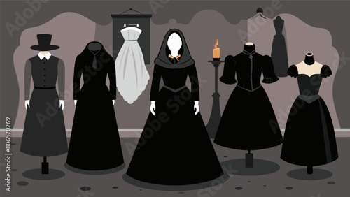 A showcase of Victorianera mourning clothing complete with black crepe veils and embroidered mourning gowns found at thrift stores.. Vector illustration