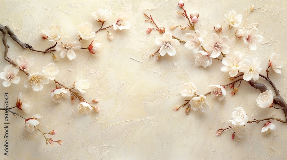 A refined, textured wall background in creamy ivory, featuring delicate, hand-painted cherry blossoms in soft pastels, evoking a serene and romantic atmosphere. 32k, full ultra hd, high resolution