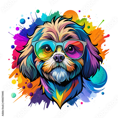 Shih Tzu Wearing Sunglasses, Vibrant Watercolor on White for T-Shirt
