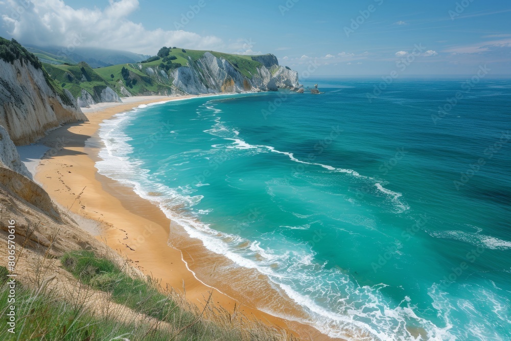 A beautiful beach with a blue ocean and a rocky cliff in the background