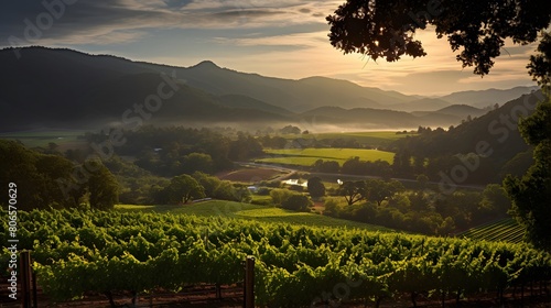 Vineyard in the morning light with fog in the valley.