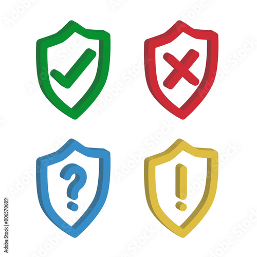 green check and red cross symbols, blue question mark and yellow exclamation point, 3d shield vector signs icons set