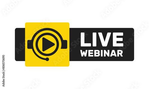 live webinar black yellow vector icon, play symbol in circle, online education translation sign, e-learning course pictogram