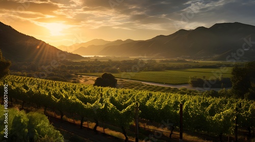 panoramic view of vineyard at sunset with mountains in background