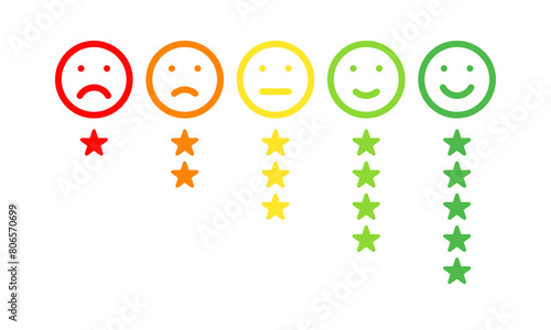 five different colors and moods smiles with stars, outline vector icons set
