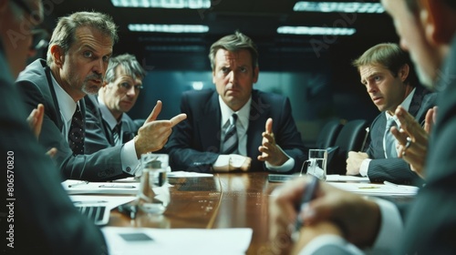 An intense boardroom scene with team members clashing over differing opinions and corporate directions photo