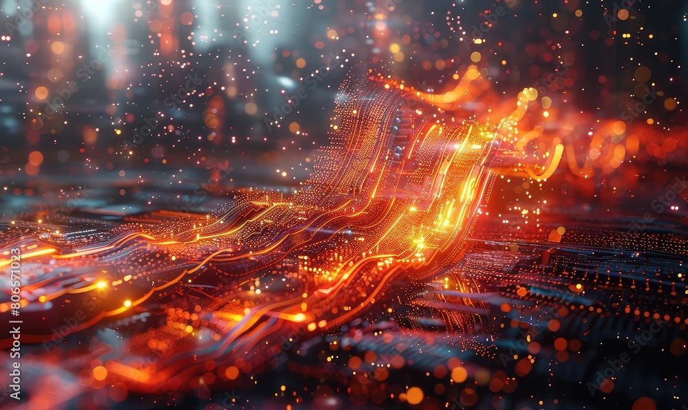 Visualize a glowing orange river of data flowing through a futuristic cityscape. The river is made of glowing orange particles.