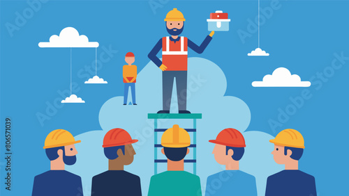 From the platform the foreman can easily assess the progress of multiple construction teams and redirect resources as needed.. Vector illustration