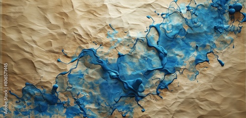 A sheet of handmade paper, its texture rich and inviting, adorned with the accidental art of spilled, azure ink, creating an organic and dynamic pattern of creativity and chance.  photo