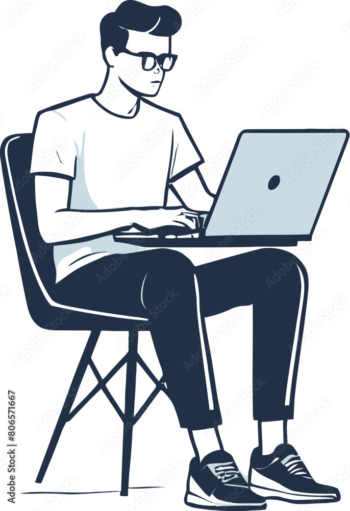 Vector illustration of a young man sitting in a chair and using a laptop on a white background Vector illustration of a young man sitting in a chair and using a laptop on a white background