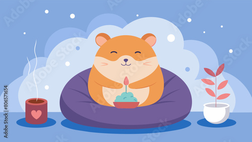 A happy hamster snuggled up in a cozy bed surrounded by the gentle scent of a pet calming diffuser infused with sandalwood and geranium.. Vector illustration