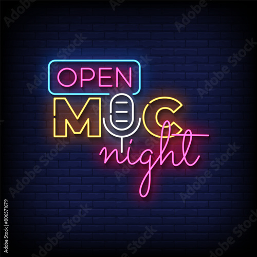 open mic night neon Sign on brick wall background vector