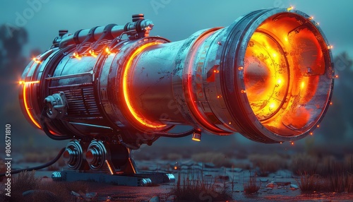 A large, steampunk-style cannon is mounted on a tripod. The cannon is made of riveted metal and has a glowing orange core. The cannon is pointed at the viewer. photo