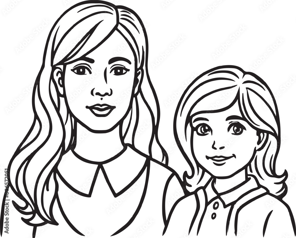 Mother and Daughter - Family Vector Illustration - Black and White
