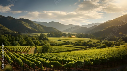 Panoramic view of the vineyard in the mountains at sunset
