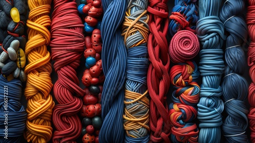 A variety of ropes and cords are neatly coiled and displayed.