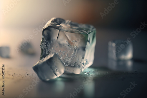 Melting Ice cubes with water drops on a table. Clear ice in cube shape. Frozen water. Ice maker. Fake or Artificial acrylic or plastic ice cubes, back lighting,  Created using generative AI tools. photo