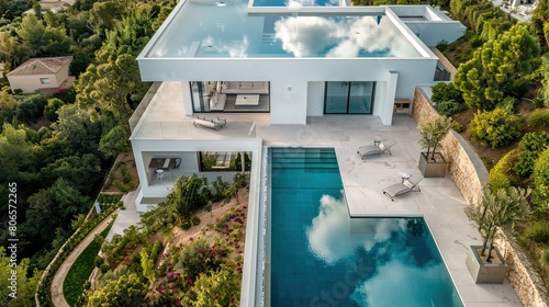 An aerial view of a modern white villa, its pool a mirror to the clouds above, encased in vibrant garden hues photo