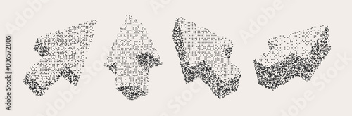 Retro futuristic 3d elements in pixel style. Shapes set with arrows or pointers. Vector illustration