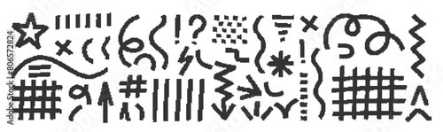 Retro futuristic elements for design. Hand drawn style. Vector illustration with bitmap pixel effect