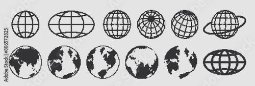 Pixel planet for design in y2k style. Retro futuristic elements. Globe sign in techno style. Vector illustration.