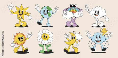Retro cartoon collection of a funny sun, moon, rainbow, cloud, flower, moon. Trendy groovy characters. Vector illustration