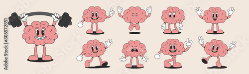 Retro cartoon collection of a funny brain. Trendy groovy characters. Vector illustration