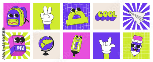 Set of school stickers supplies in groovy style. Retro cartoon characters with face in style of 60s 70s. Vector illustration.