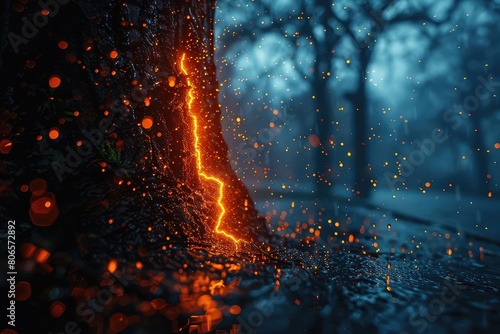 A tree trunk is struck by lightning, causing a fire that spreads to the surrounding forest. The fire is reflected in the water below, creating a beautiful and dangerous scene.