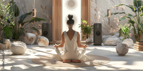 Creating A Serene Space: Woman Gets Ready For Home Yoga Practice With Perfect Symmetrical Photo, Centered Composition,.  © Mohsin
