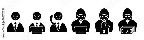 Hacker icons. Operating a laptop, making a phone call, unlocking a door, counting bills, etc.