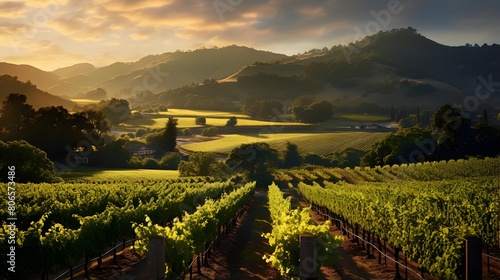 Panorama of a vineyard at sunset in New South Wales  Australia