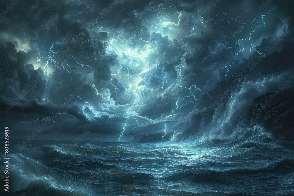 A dark and stormy night. The sea is rough and choppy, the waves crashing against the shore. The sky is lit up with lightning, and the thunder is deafening.