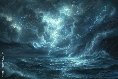 A dark and stormy night. The sea is rough and choppy, the waves crashing against the shore. The sky is lit up with lightning, and the thunder is deafening. © NeeArtwork