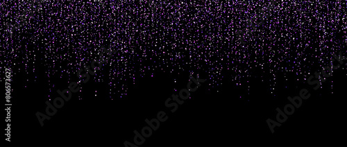 Purple confetti garland on dark background. Falling glitter and sparkle wallpaper. Violet and blue shining dots repeating pattern. Magic dust sparkling decoration for Christmas. Vector backdrop