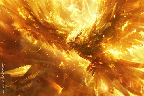 A golden bird with fiery feathers soars through the sky