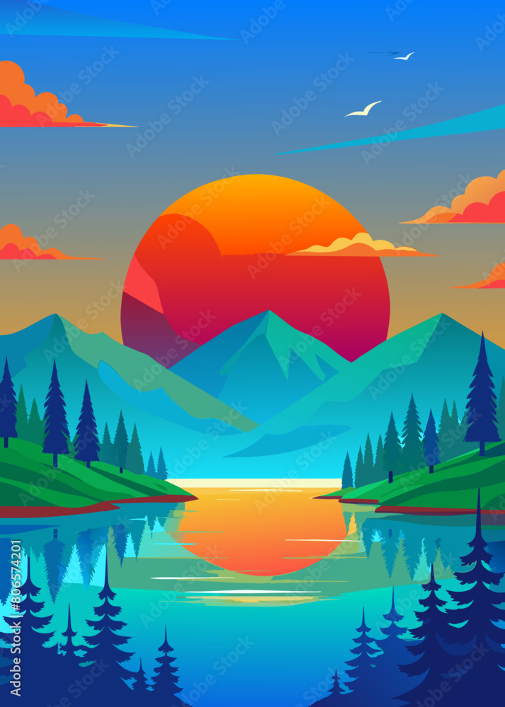 Flat illustration of sunset over the lake, very colorful background Flat illustration of sunset over the lake, very colorful background