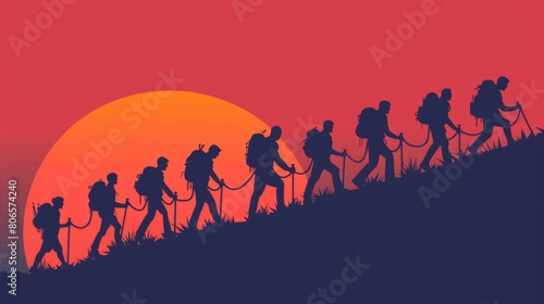 A group of individuals wearing backpacks hiking up a steep hill together
